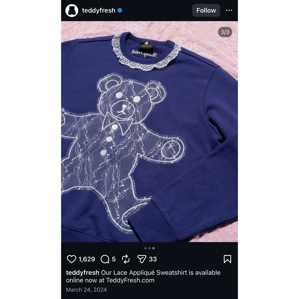 Teddy Fresh sweatshirt XL Navy blue white bear lace appliqué RARE - Picture 9 of 9